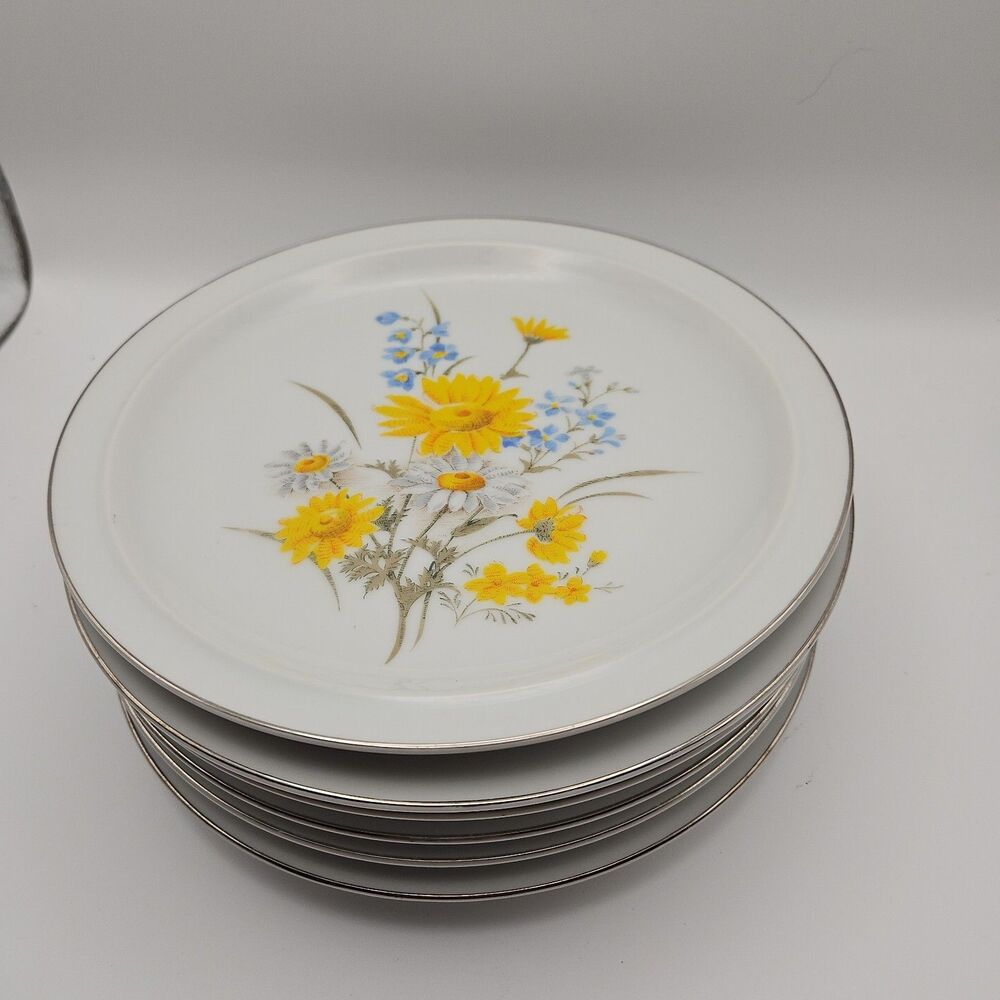 6x Fanci Florals MARSH MARIGOLD Salad Plate 7.5" Porcelain Japan Silver Trim
